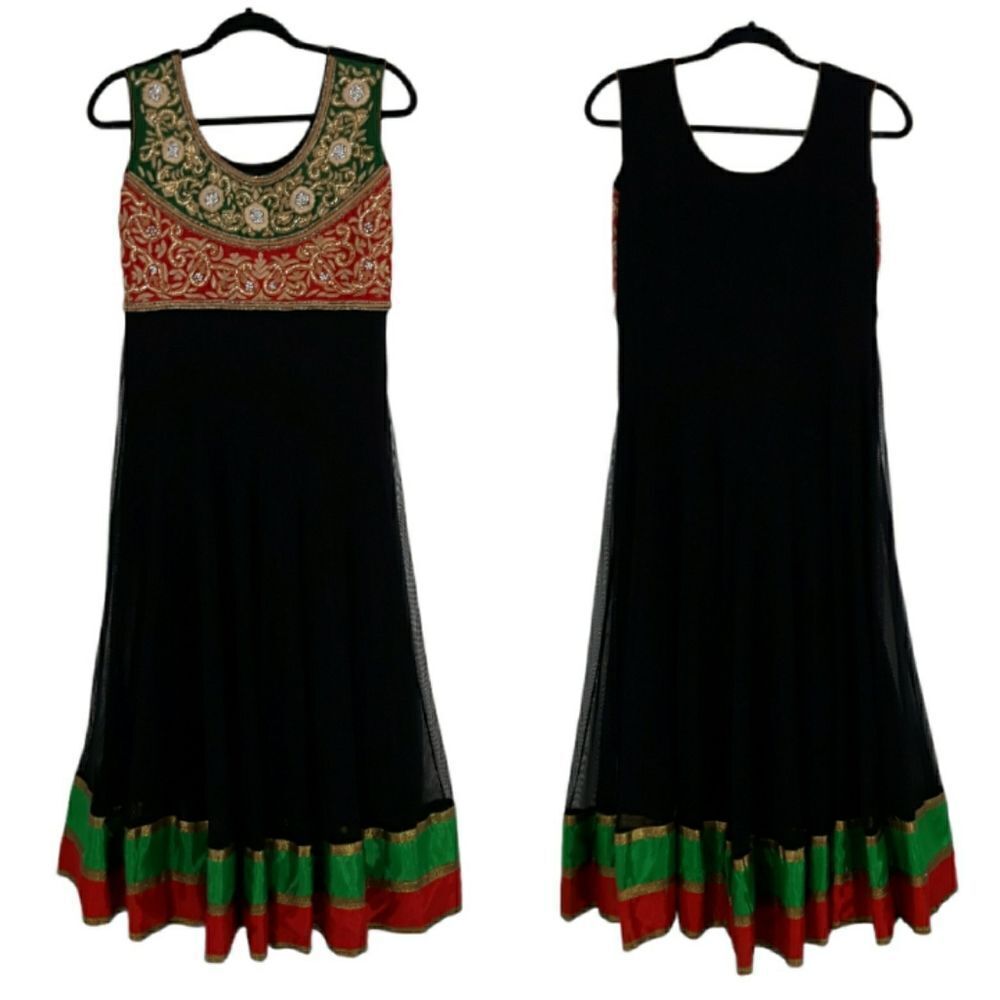 Bollywood Witchy Brocade‎ Beaded Ribbon Twirl Sleeveless Maxi Dress Black Sz M
